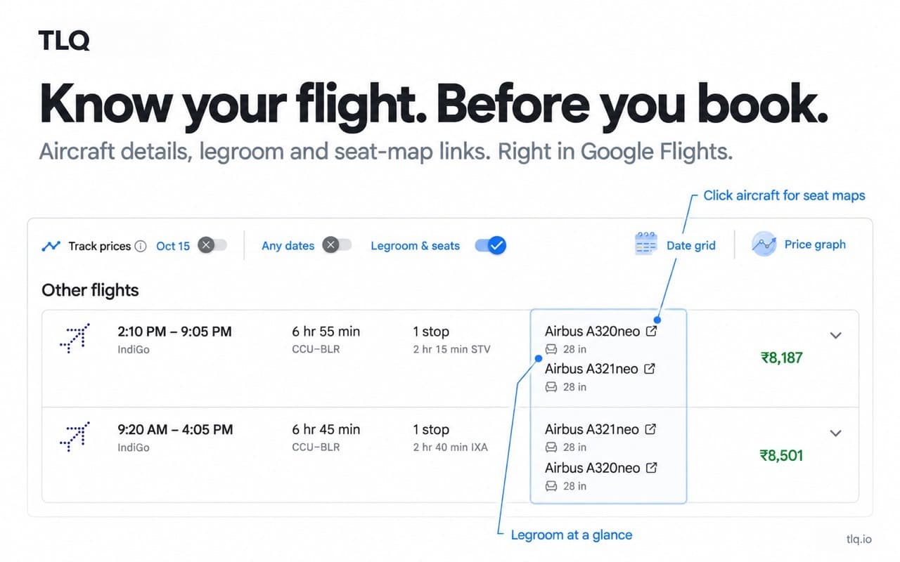 TLQ shows aircraft, legroom and seat-map links in flight results